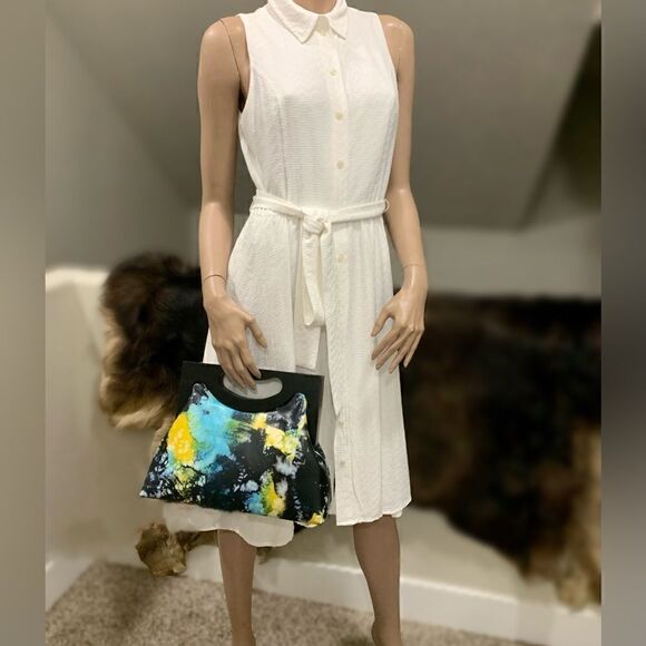 Unique Cowhide Leather Tie-dye Print Handmade Wooden Frame Top Handle Bag - Picture 11 of 16